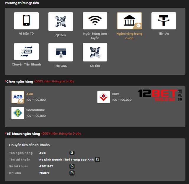 Cẩm Nang Nạp Tiền 12Bet: Hướng Dẫn Đầy Đủ Cho Mọi Người Chơi! 2 Cách chuyển tiền vào 12Bet qua ngân hàng trong nước
